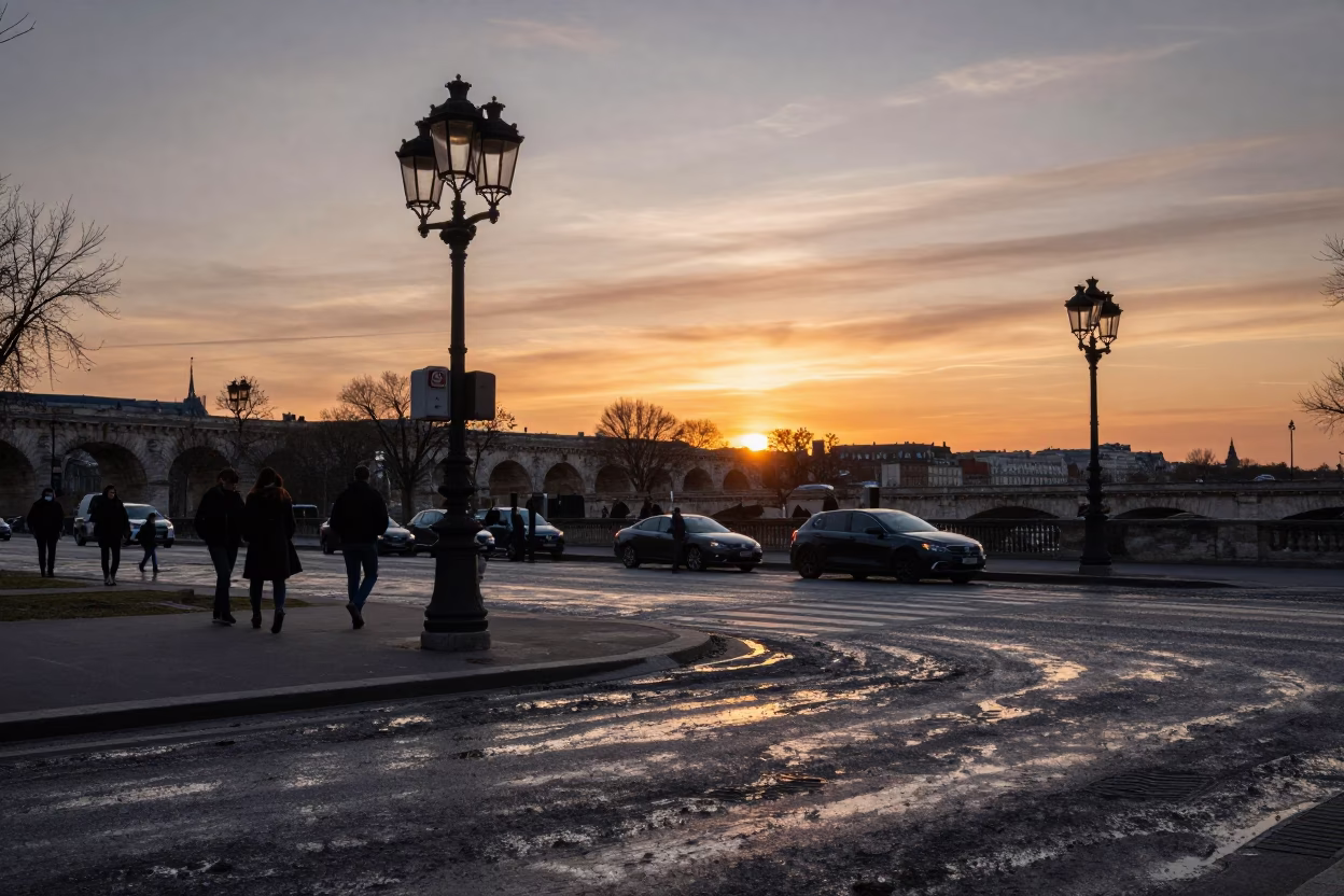 Paris Sunset Street Scene with Bridge Pier and Muddy Floodwater in in Paris, France