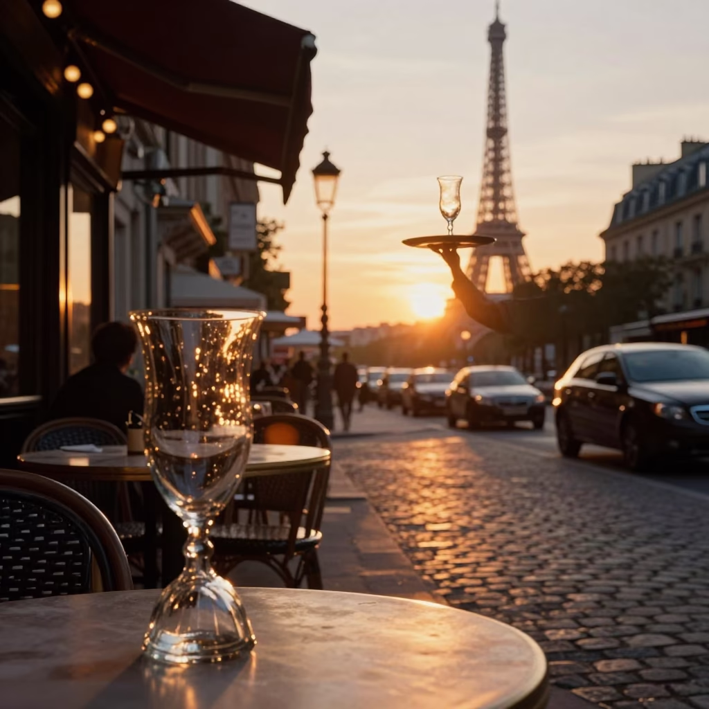 Paris Sunset Street Scene with Glass Vase and Classic Architecture in in Paris, France