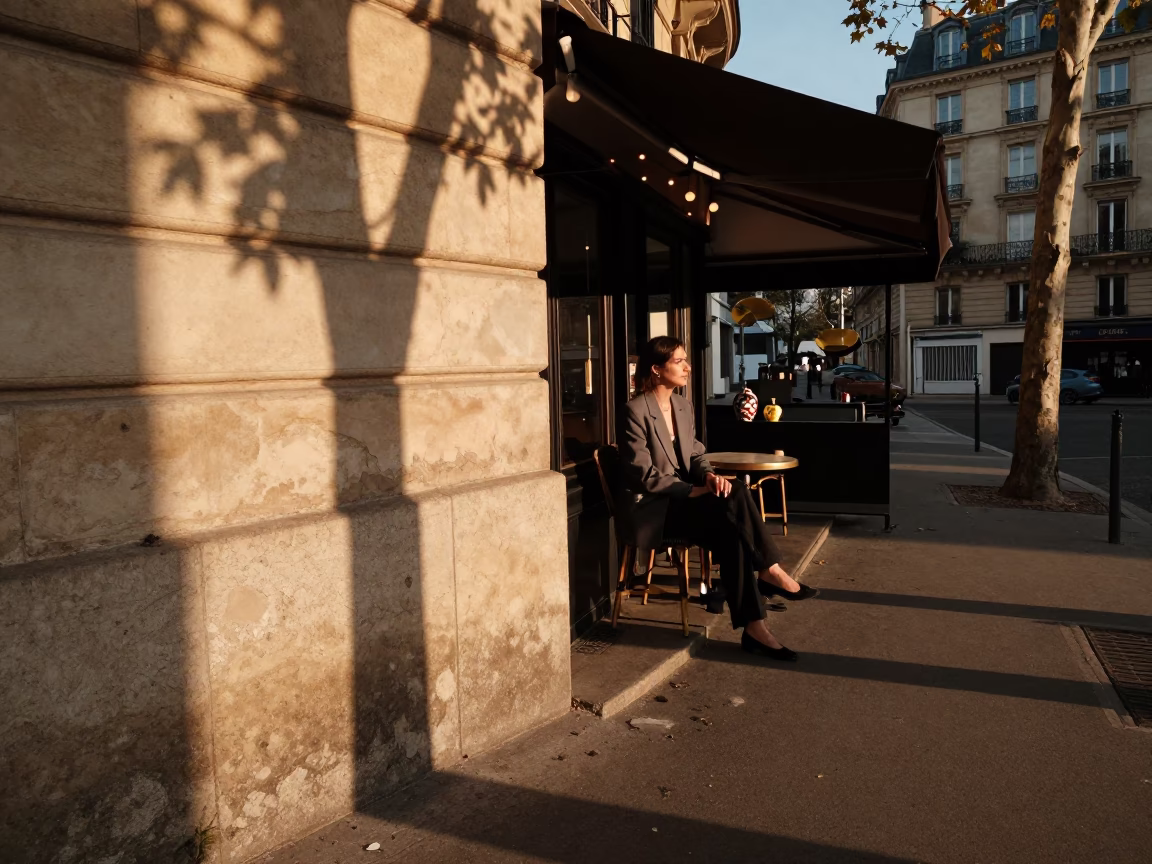 Paris Sunset Street Scene with Leaf Shadows and Ceramic Tile Details in in Paris, France