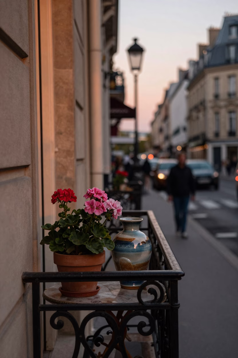 Paris Sunset Street Scene with Potted Geraniums and Glazed Ceramic Window Reflection in in Paris, France