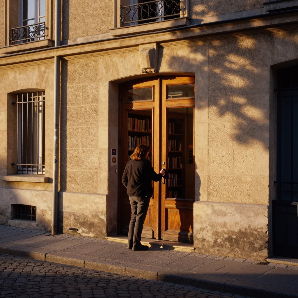 Paris Sunset Street Scene with Teacher Unlocking Library and Peg Rails in in Paris, France