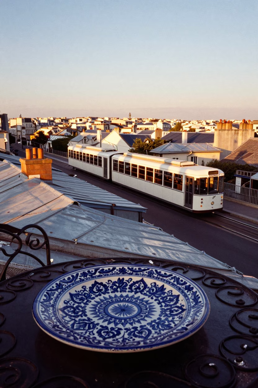 Paris Sunset Street Scene with Vintage Italian Majolica Plate and Funicular in in Paris, France