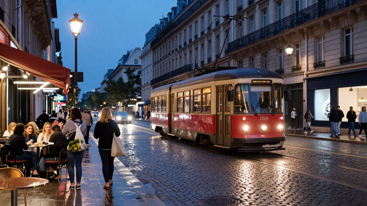 Paris Twilight Street Scene with Heritage Tram and Cobblestone Avenue in in Paris, France