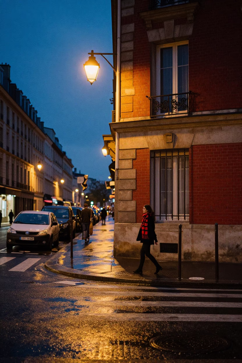 Paris Twilight Street Scene with Scarf and Urban Details in in Paris, France