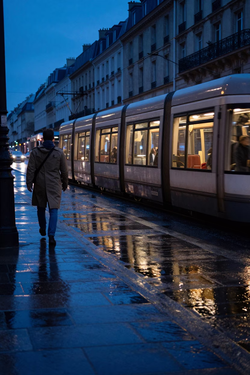 Paris Twilight Street Scene with Tram Reflection on Wet Cobblestones in in Paris, France