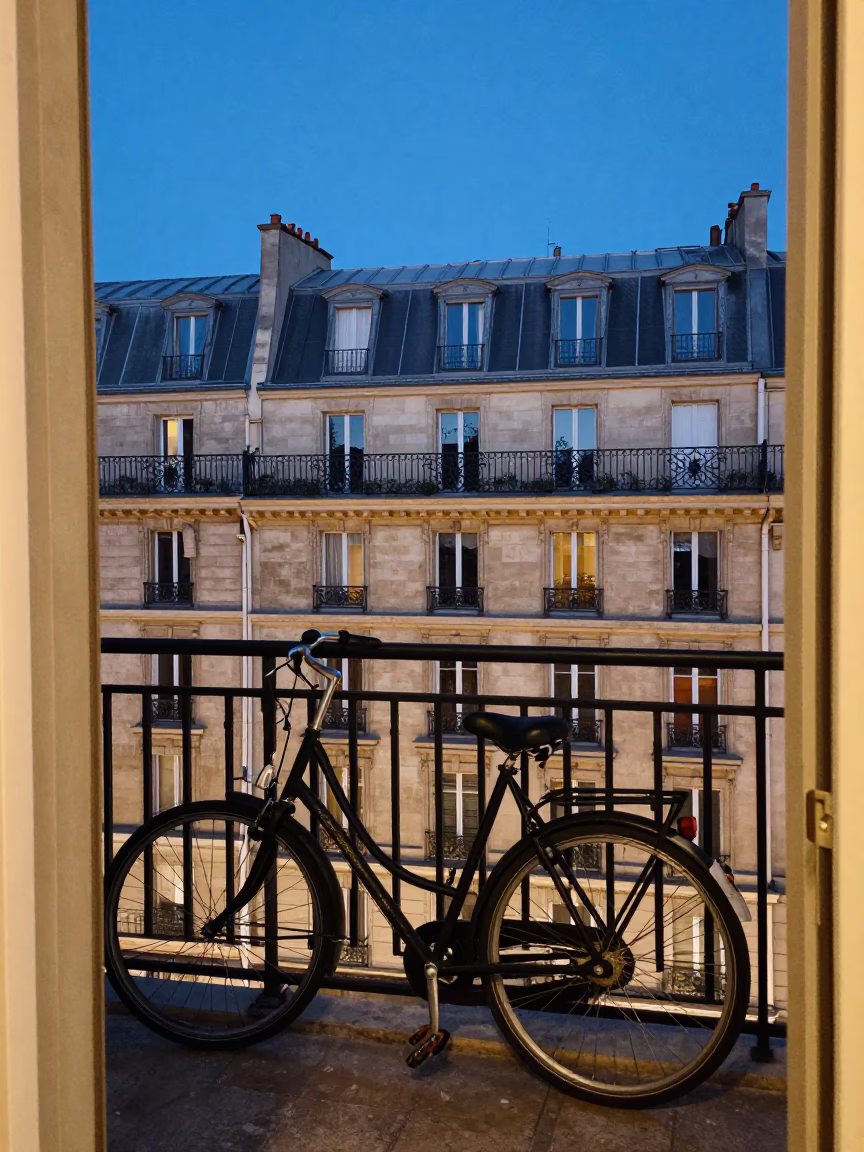 Parisian apartment balcony evening view with bicycle and copper pots in in Paris, France