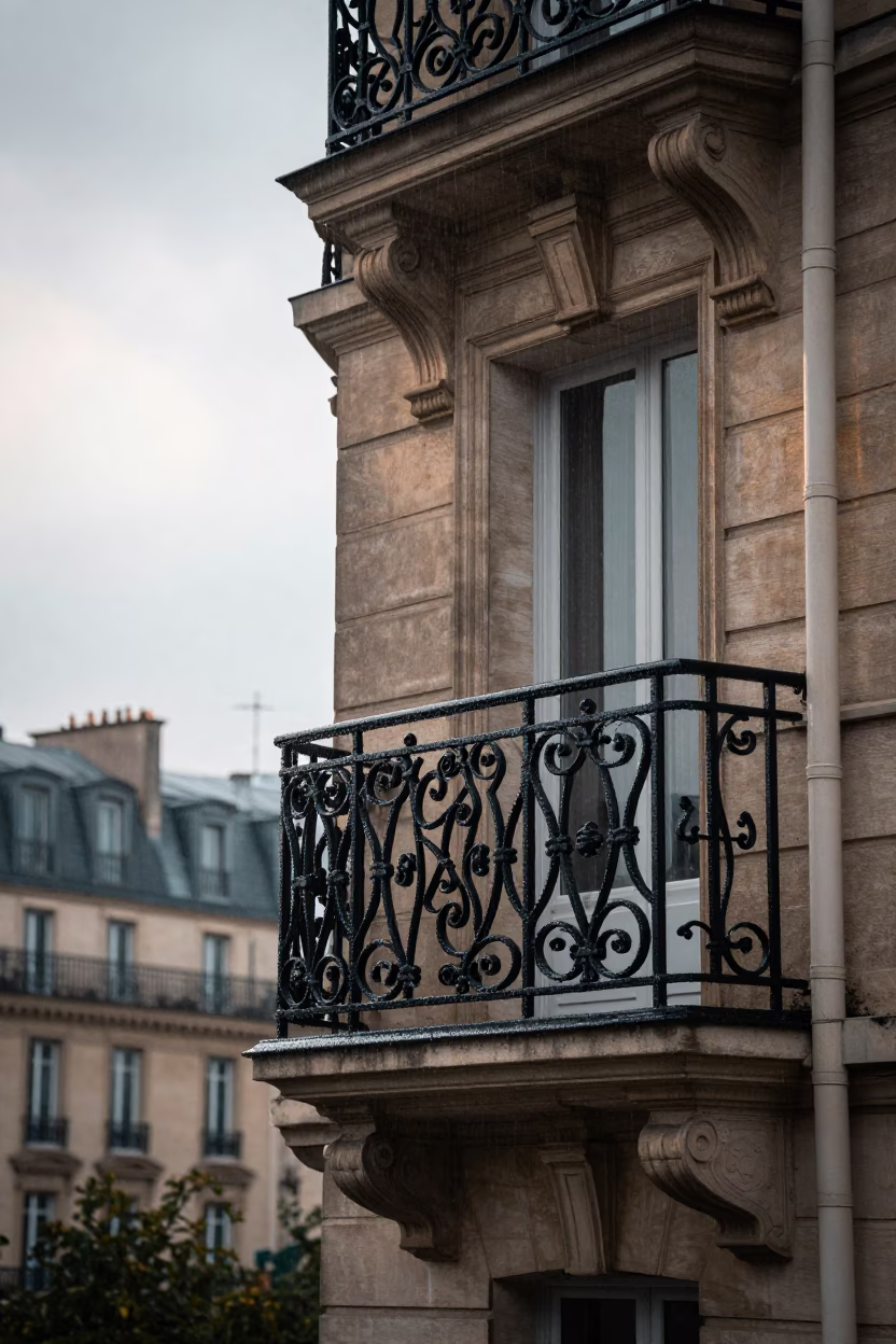 Parisian Apartment Balcony Morning Rain Wet Iron Gate Flowerpot in in Paris, France