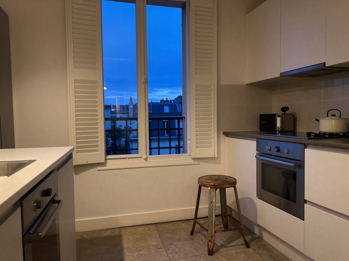 Parisian Apartment Interior at Twilight with Rusty Stool and Grease Sheen in in Paris, France
