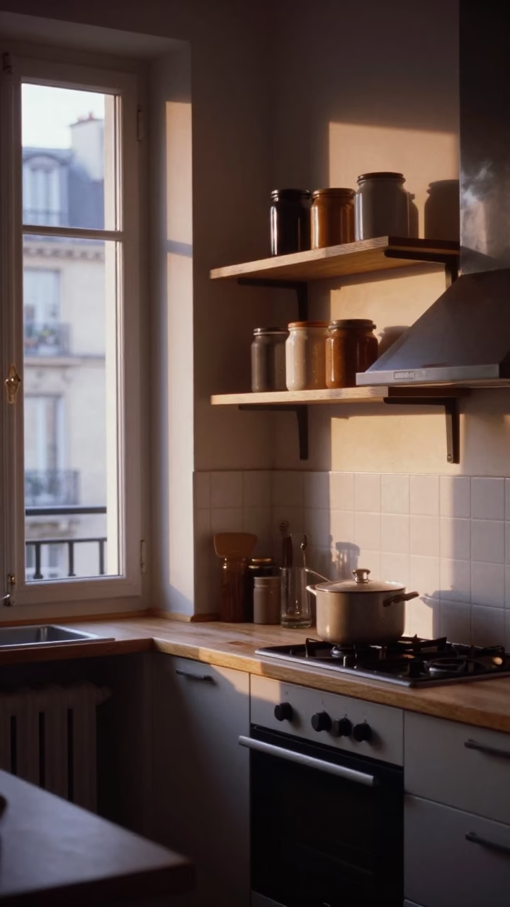 Parisian Apartment Interior Dawn Light with Kitchen Shelves and Bubbling Stew in in Paris, France