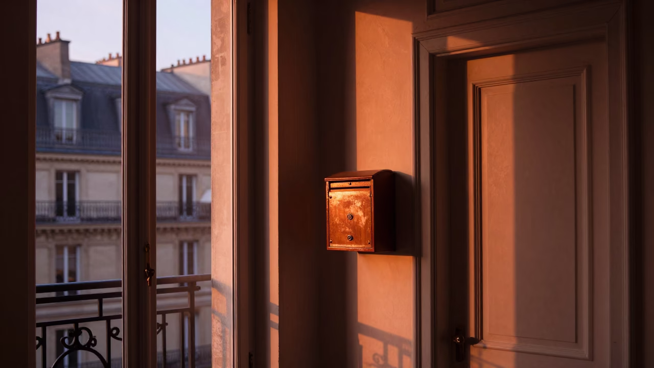 Parisian Apartment Interior with Copper Dusk Light and Vintage Details in in Paris, France