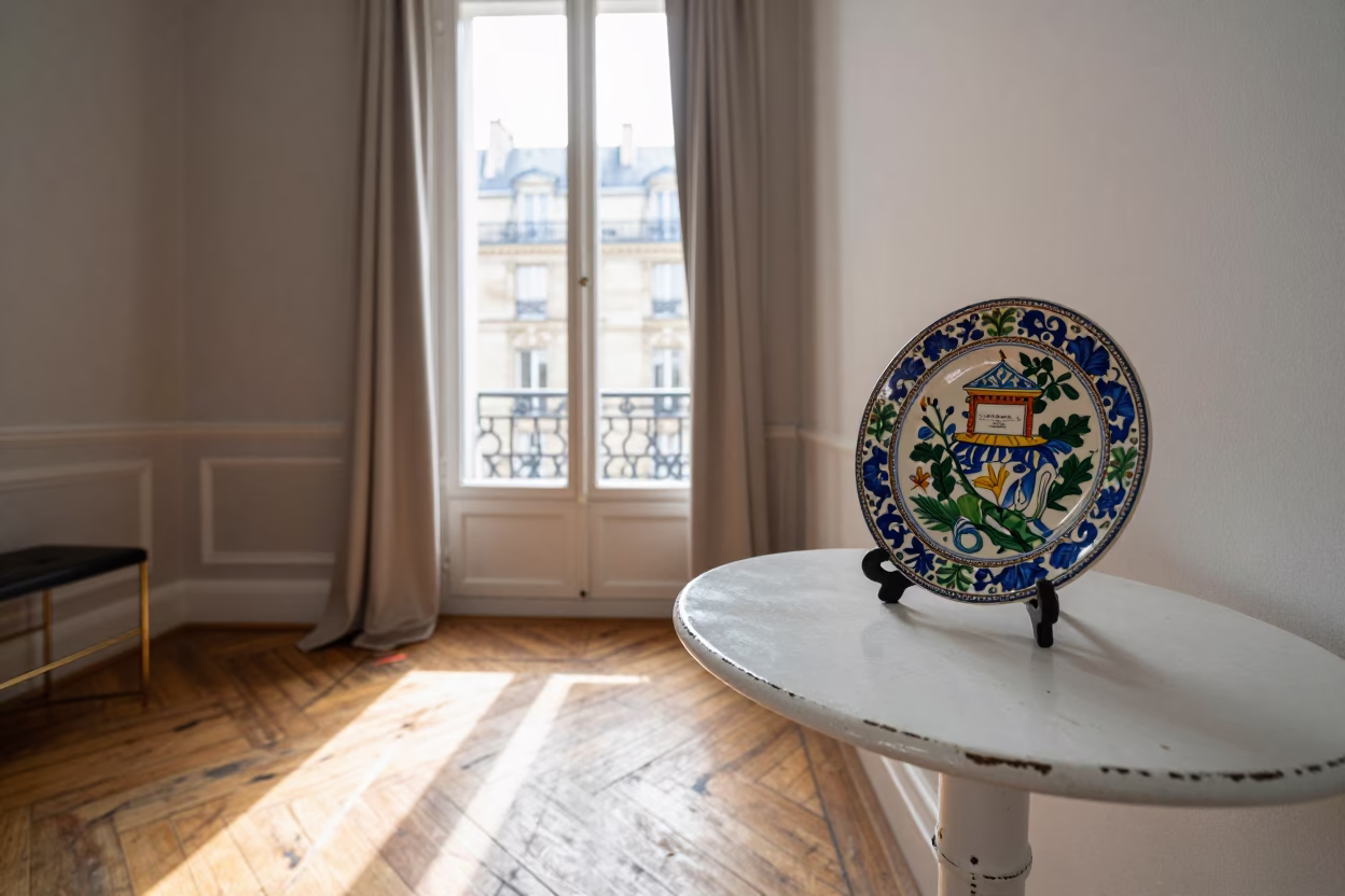 Parisian Apartment Interior with Vintage Majolica Plate and Deadbolt Lock Detail in in Paris, France