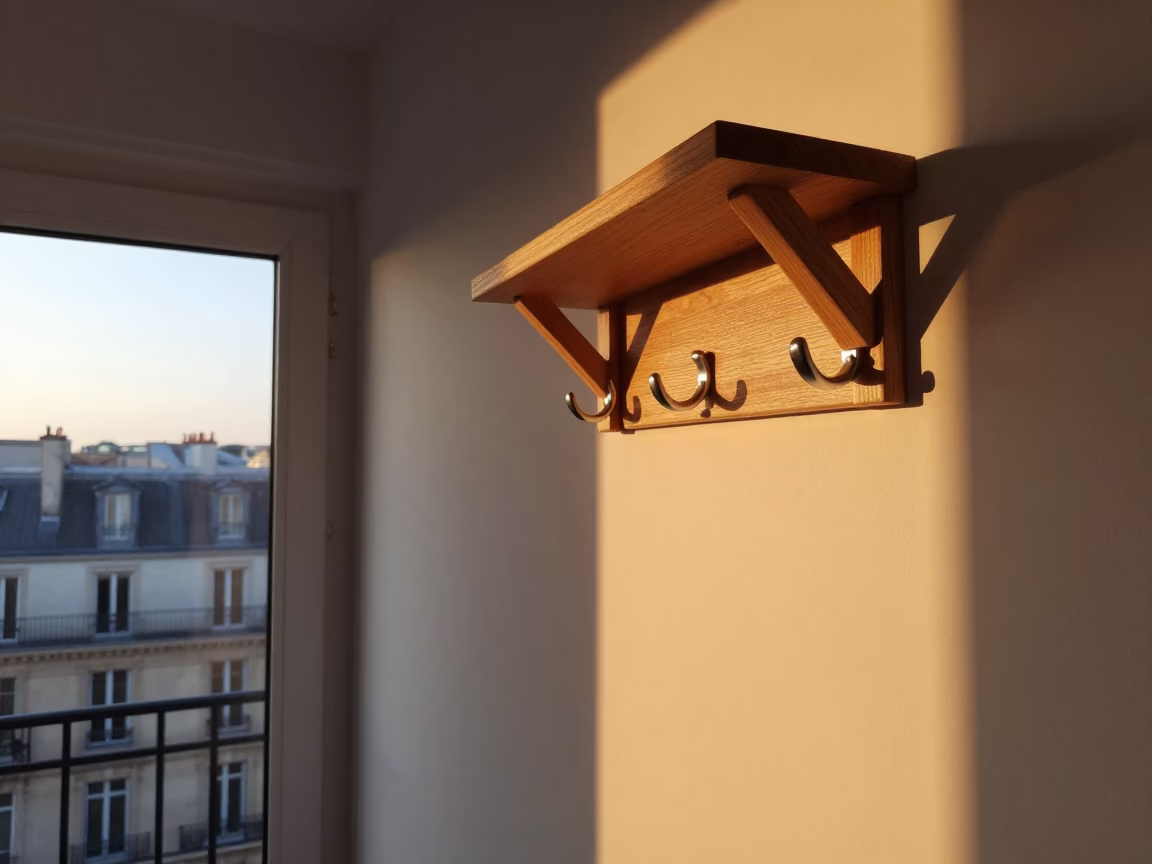 Parisian Apartment Sunset Interior with Coat Hook and Window Light in in Paris, France