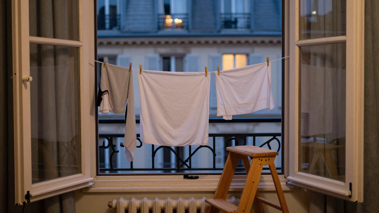 Parisian Apartment Window with Laundry Pins and Step Stool at Dusk in in Paris, France