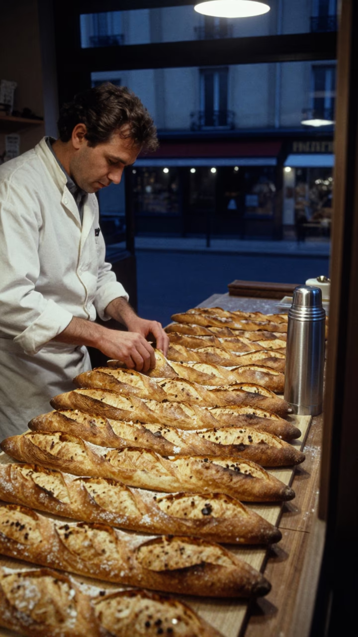 Parisian Baker Pre-Dawn Preparation with Fresh Baguettes and Vintage Thermos in in Paris, France