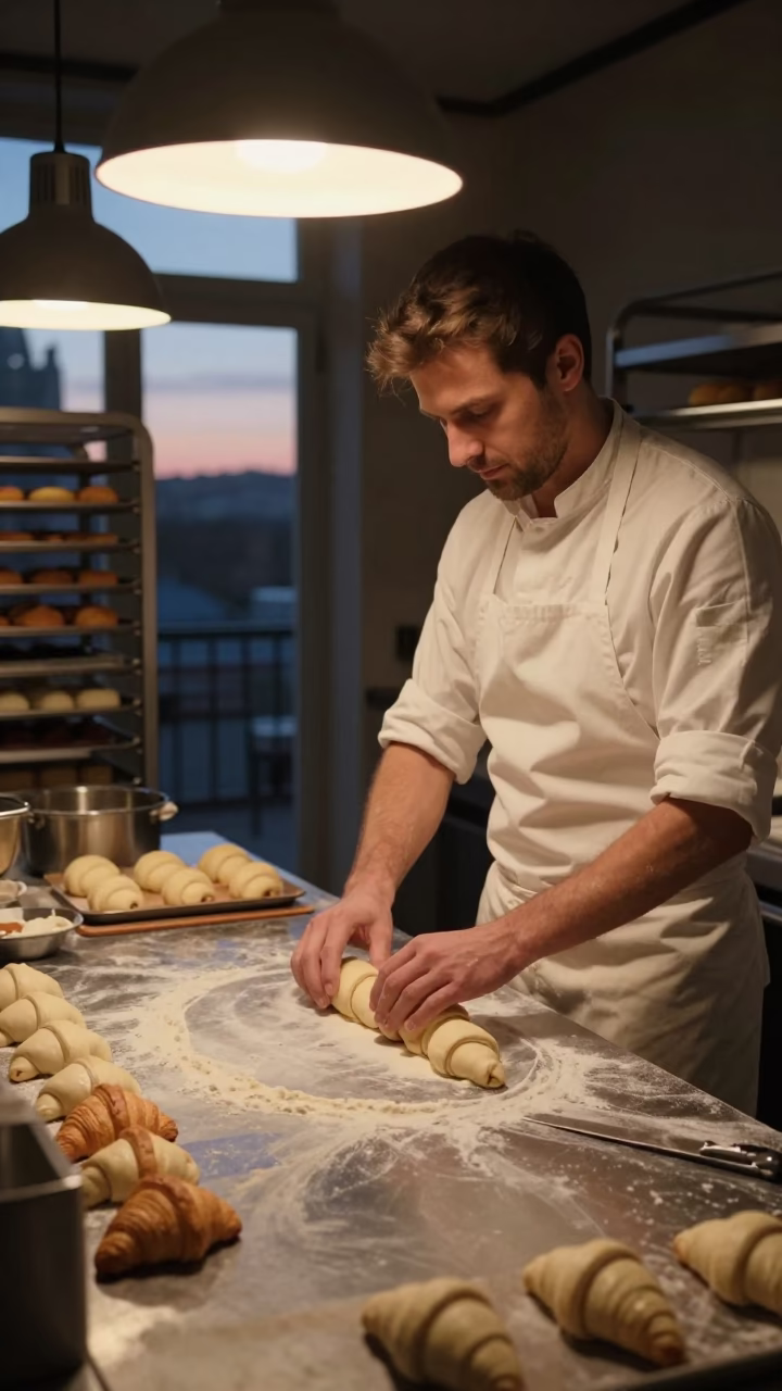 Parisian Baker Preparing Morning Croissants Before Dawn in Historic French Bakery Kitchen in in Paris, France