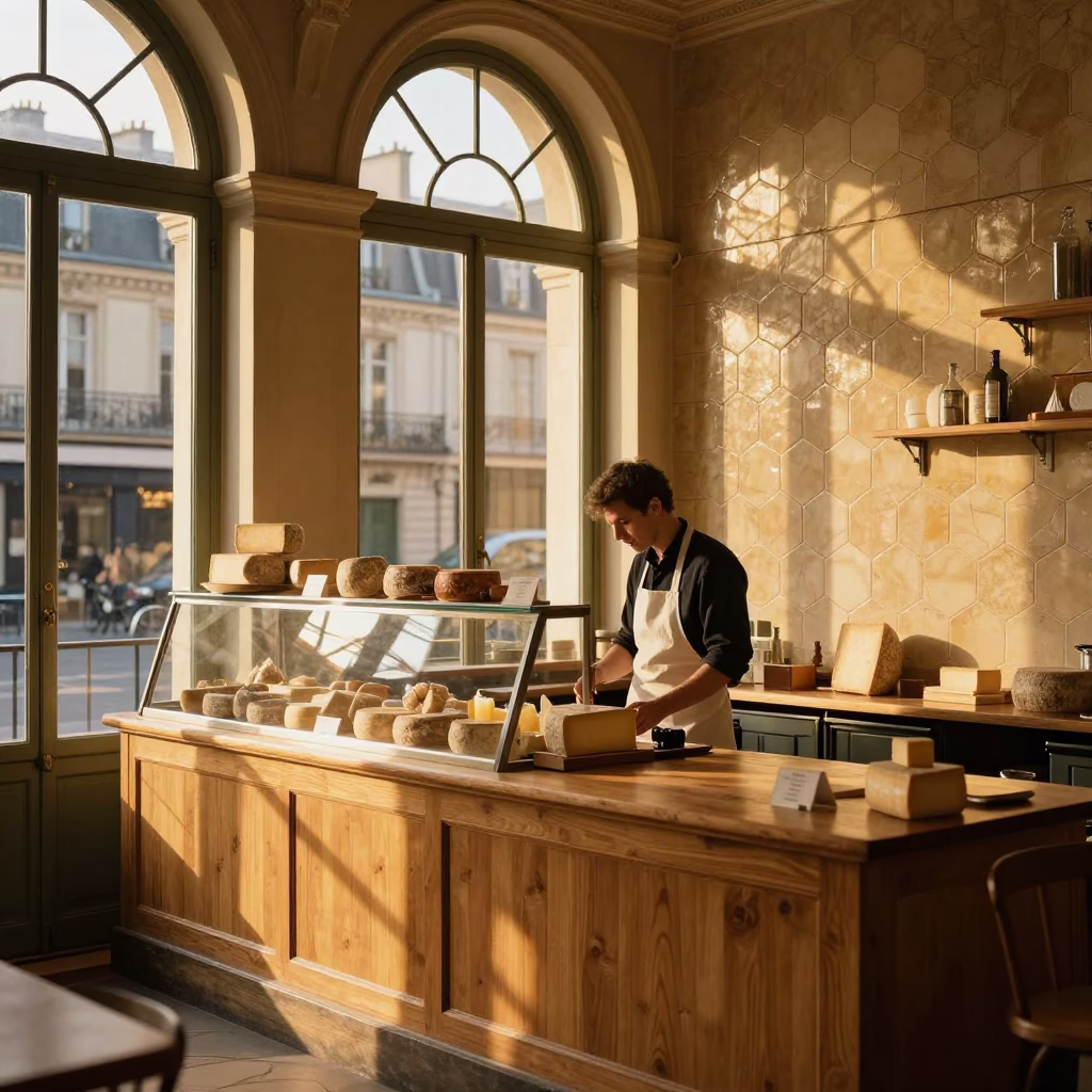 Parisian Bakery Counter During Golden Hour with Ceramic Tiles and Cheese Dome in in Paris, France