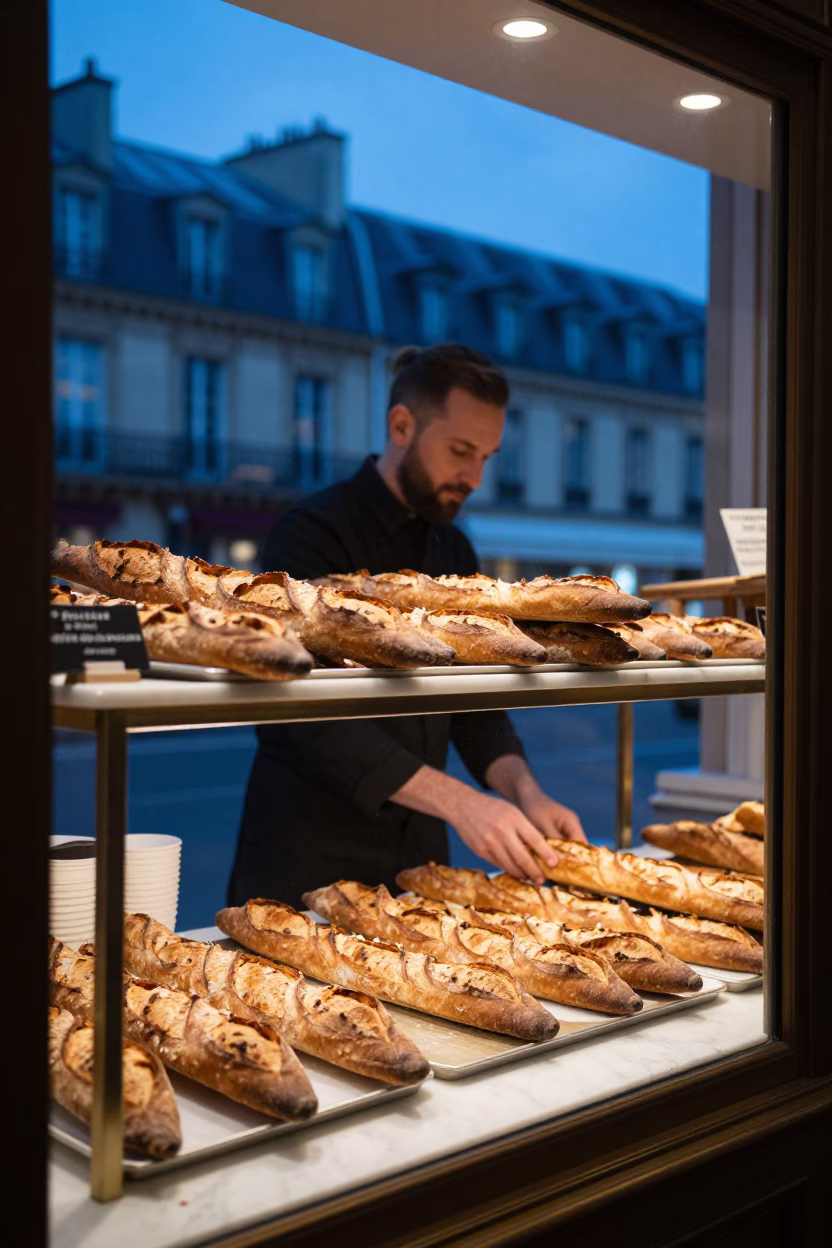 Parisian Bakery Display at Nautical Dawn with Fresh Baguettes and Palmiers in in Paris, France
