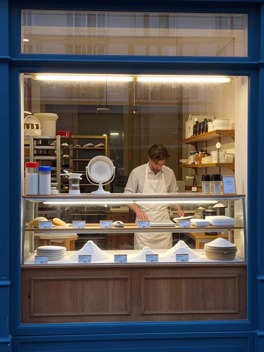 Parisian Bakery Interior Before Dawn with Flour Sifter and Majolica Tiles in in Paris, France