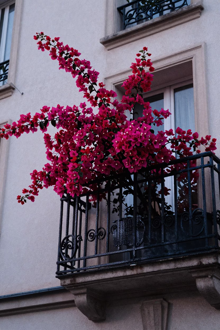 Parisian balcony at dawn with bougainvillea and wet stone railing in in Paris, France