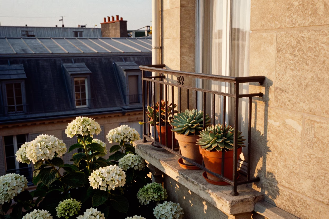 Parisian Balcony at Late Afternoon Light in Paris in in Paris, France