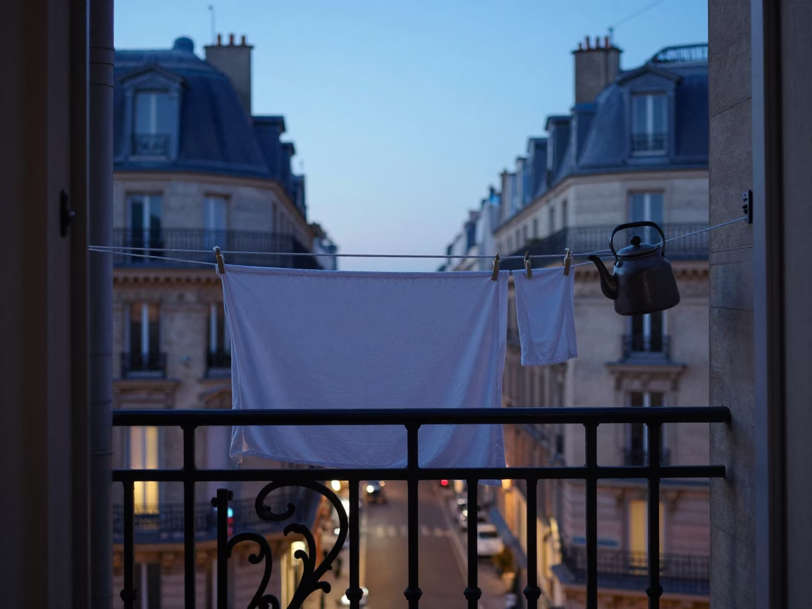 Parisian Balcony Clothesline and Kettle at Dawn Before Sunrise in in Paris, France