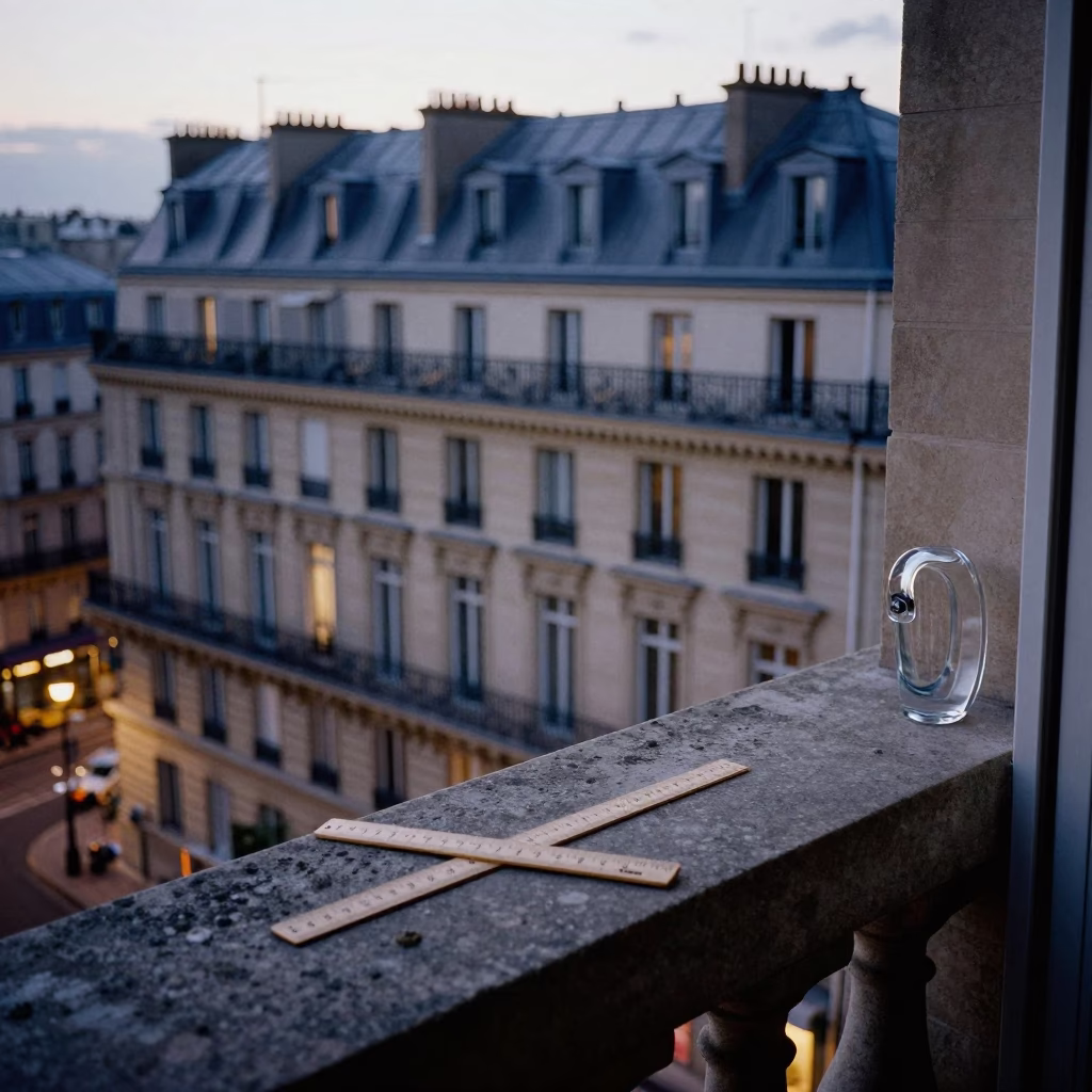 Parisian Balcony Evening View with District Heating Pipes and Wooden Ruler in in Paris, France