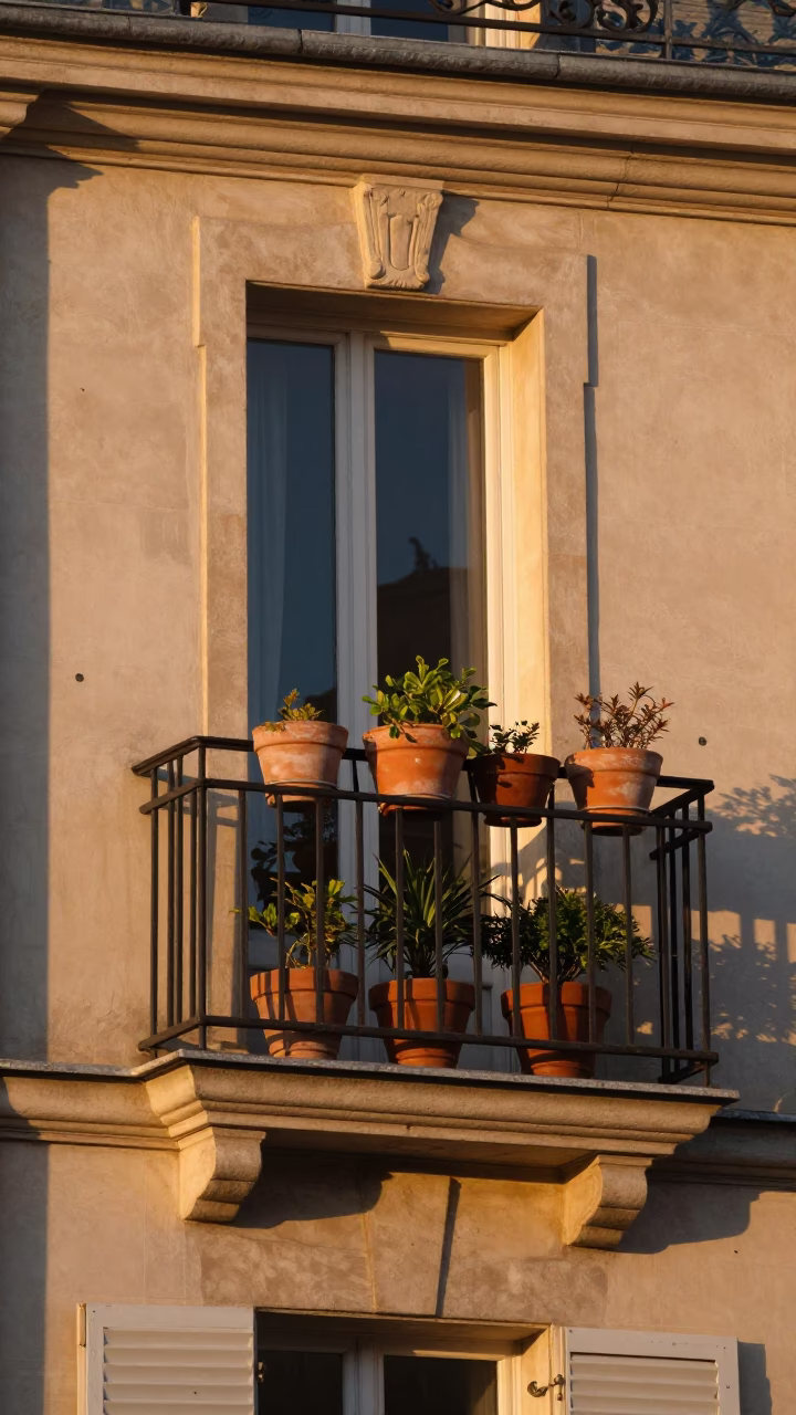 Parisian Balcony Evening with Clay Pots and Faceted Glass in Early Light in in Paris, France