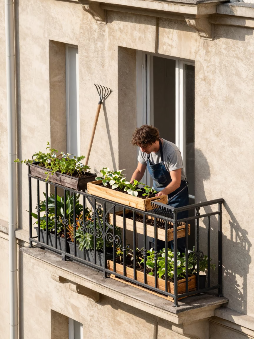 Parisian Balcony Gardening Setup with Rake Heads and Seed Tray in in Paris, France