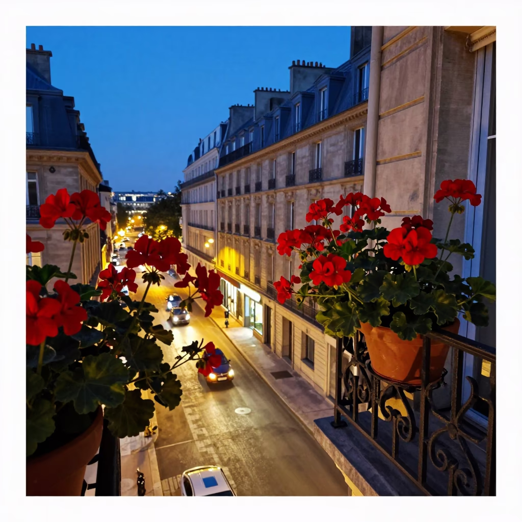 Parisian Balcony Geraniums at Blue Hour with Street Life Below in in Paris, France