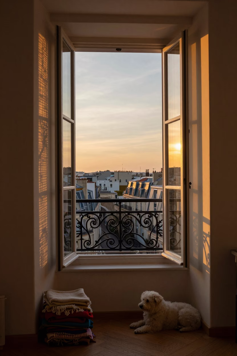 Parisian Balcony in Paris at As The Sun Drops Toward The Horizon in in Paris, France