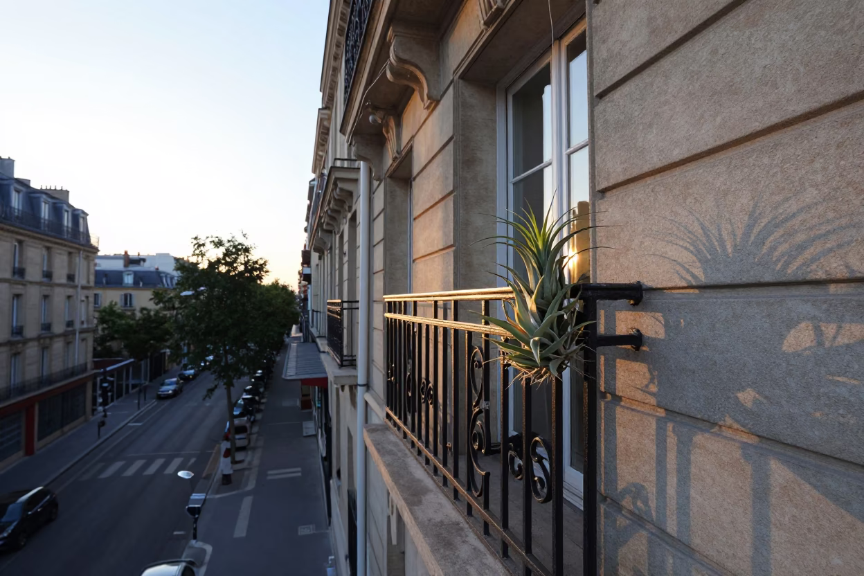 Parisian Balcony just after sunrise in Paris in in Paris, France