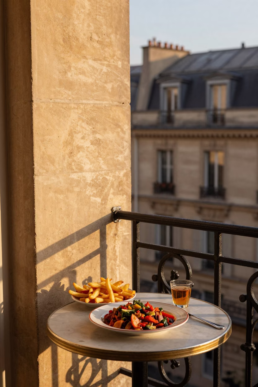Parisian Balcony Lunch at Golden Hour with Lomo Saltado and French Fries in in Paris, France
