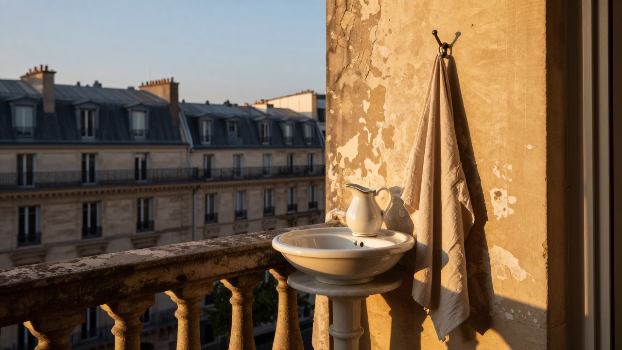 Parisian balcony sunset view with porcelain washbasin and distant Eiffel Tower silhouettes in in Paris, France