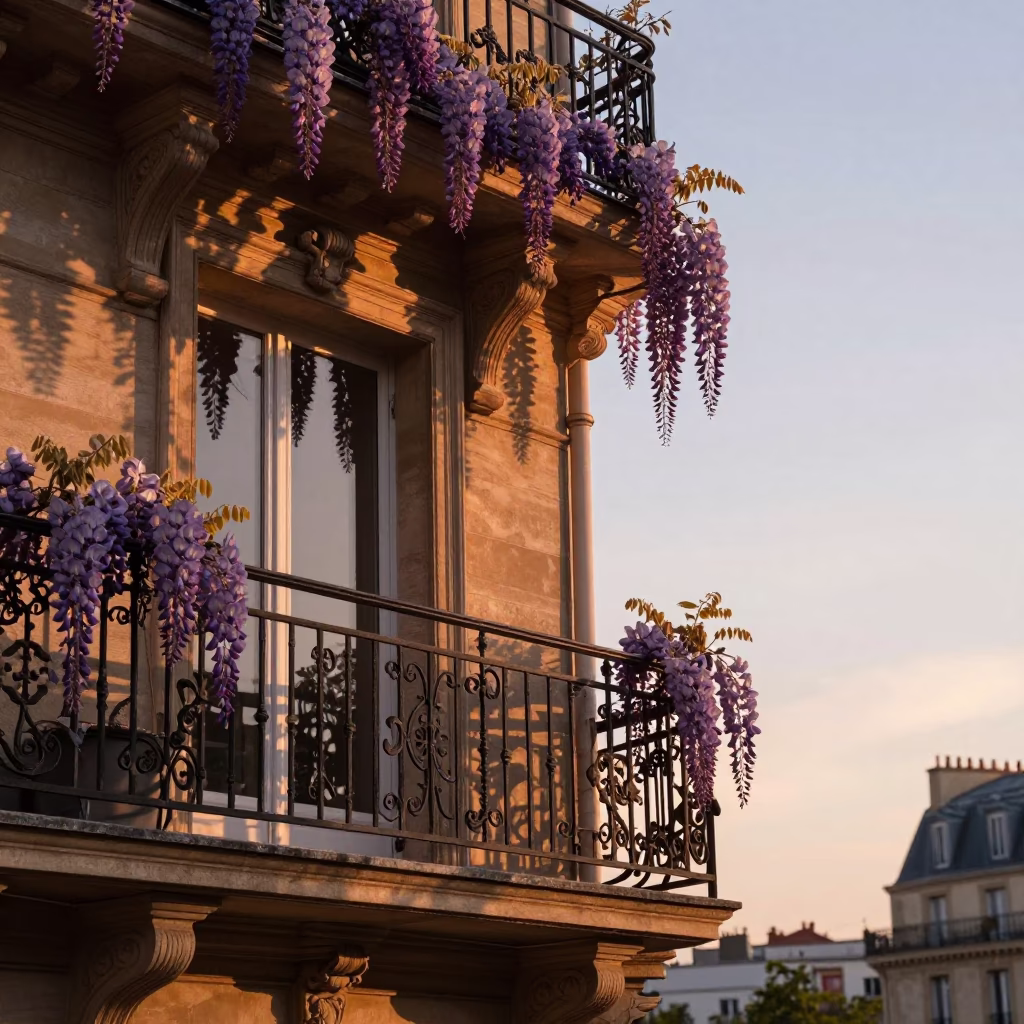 Parisian Balcony Wisteria and Leaf Shadows at Sunset in France in in Paris, France