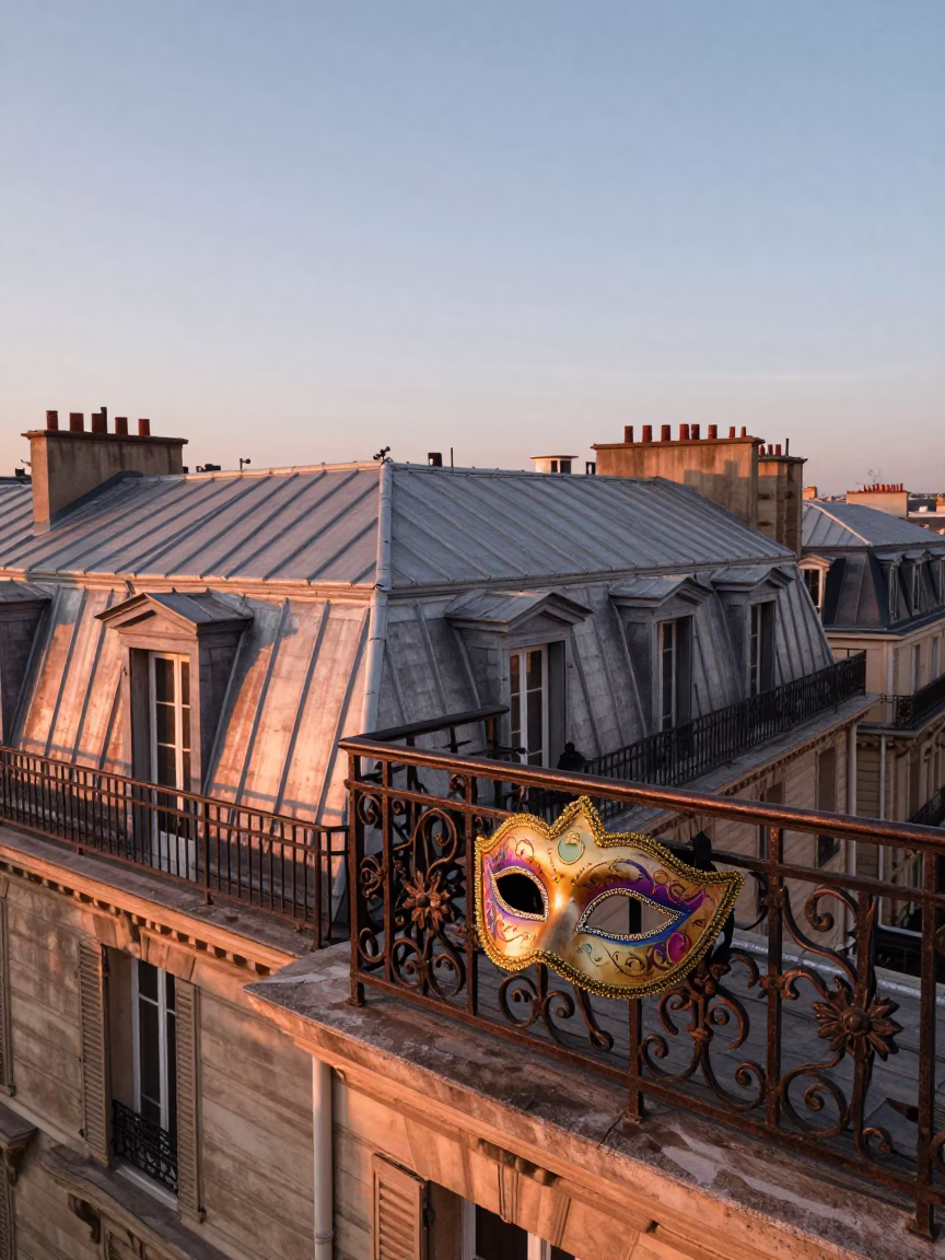 Parisian Balcony with Mardi Gras Mask in Copper Dusk Light in in Paris, France