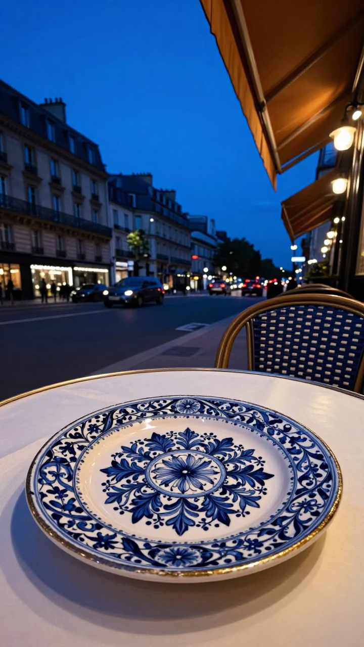 Parisian Bistro Evening Indigo Twilight with Vintage Majolica Plate and Zinnias in in Paris, France