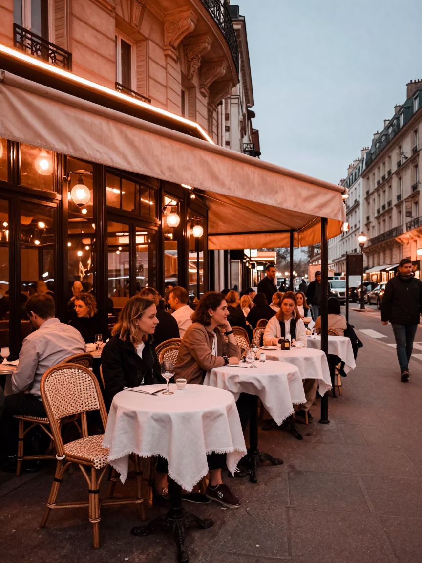 Parisian Bistro Terrace at Dusk with Linen Fringe and Copper Light in in Paris, France