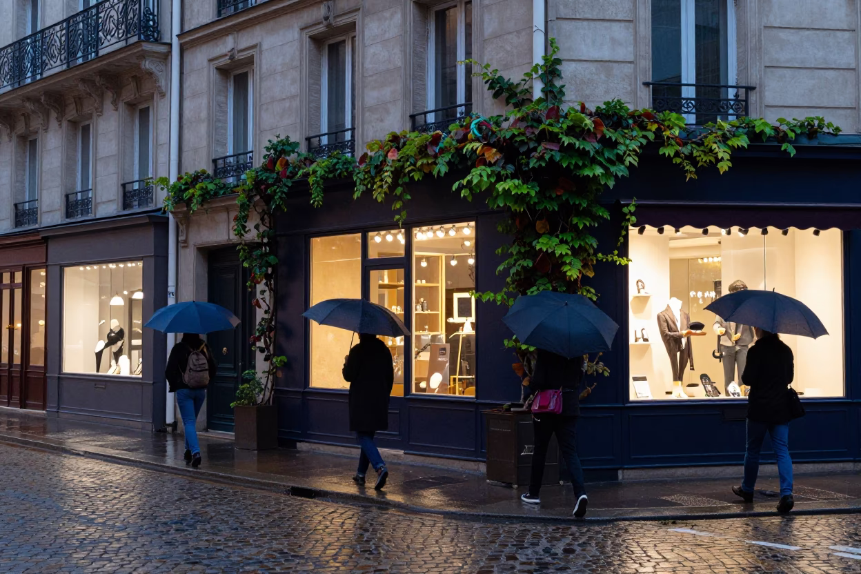 Parisian Blue Hour Street Scene with Umbrellas and Ivy Vines in in Paris, France