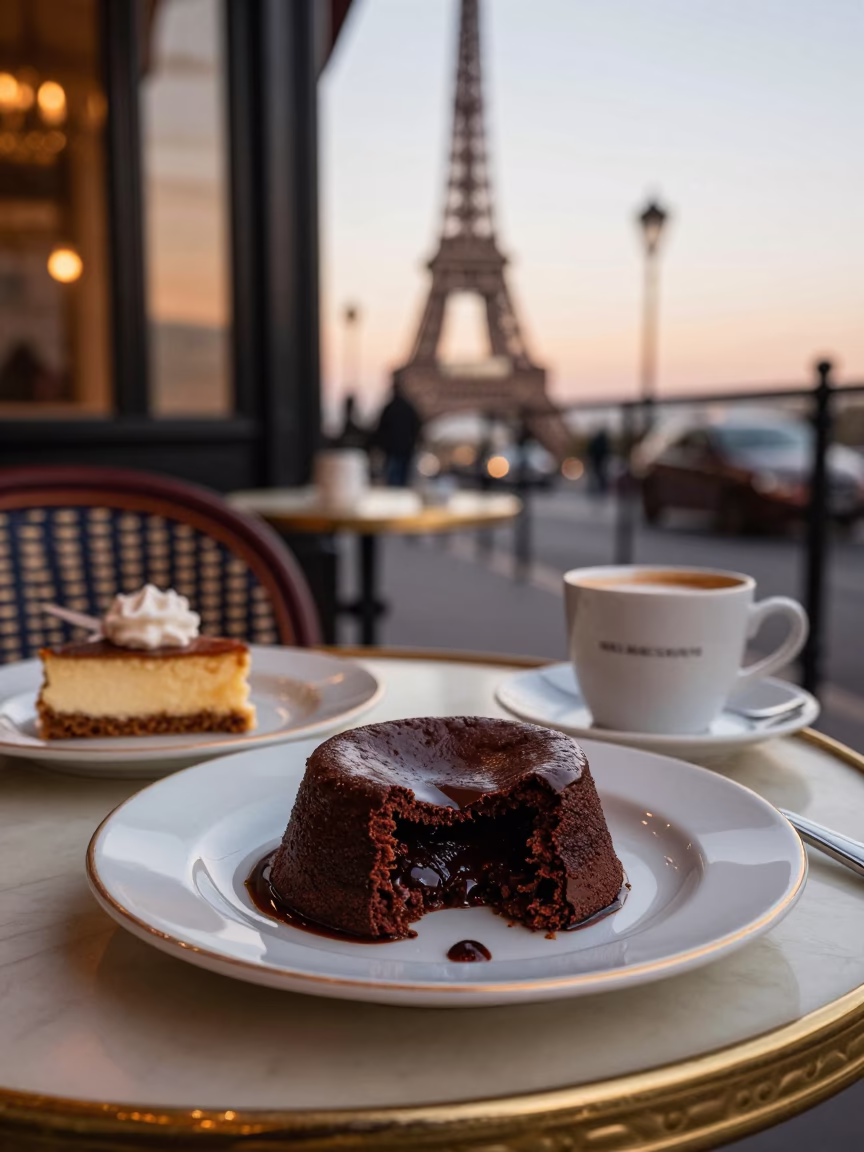 Parisian Breakfast at Dawn with Chocolate Lava Cake and Linen Fringe Drain Detail in in Paris, France