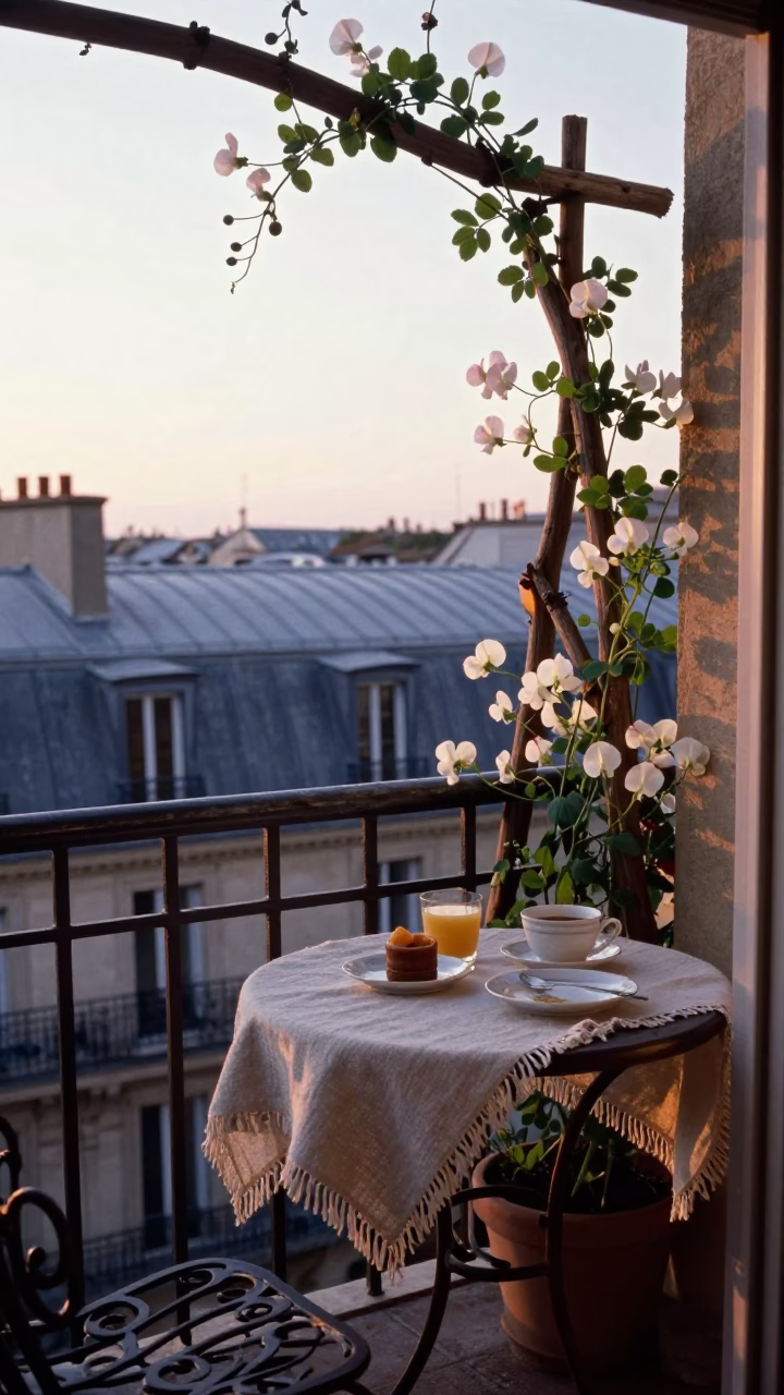 Parisian Breakfast Dawn Light with Sweet Pea Trellis and Linen Fringe in in Paris, France