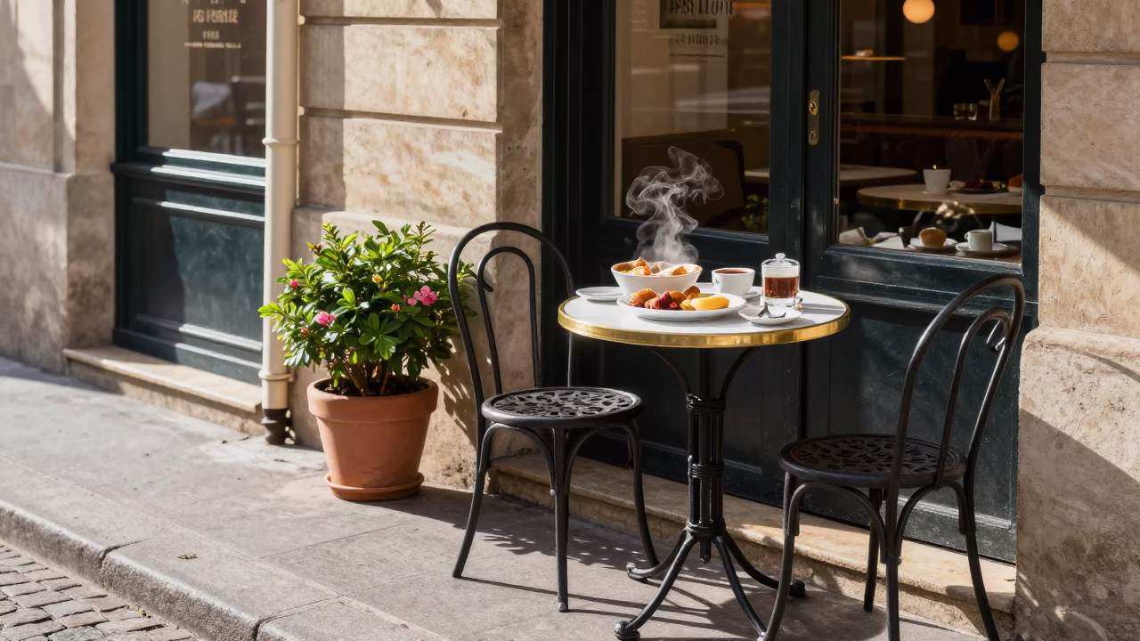 Parisian Breakfast in Paris at As First Light Reaches The Scene in in Paris, France
