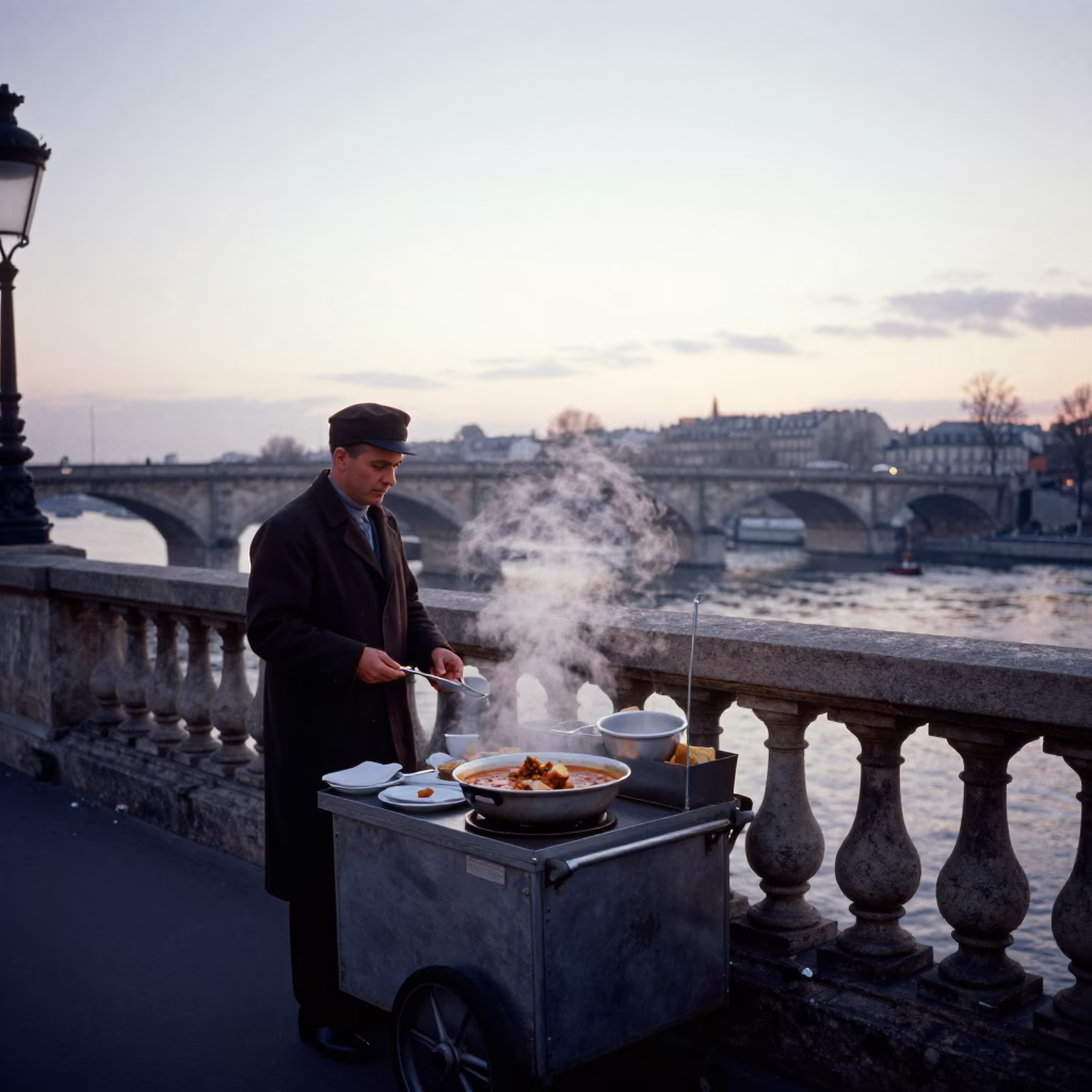 Parisian Breakfast Scene Before Sunrise with Railway Viaduct and Local Market Items in in Paris, France