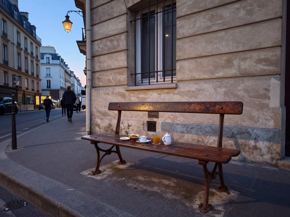 Parisian Breakfast Scene Before Sunrise with Rusty Bench and Lantern in in Paris, France