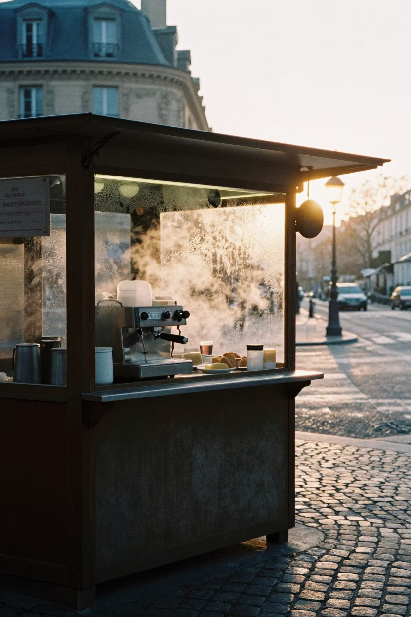 Parisian Breakfast Stall Before Sunrise with Condensation and Coffee in in Paris, France