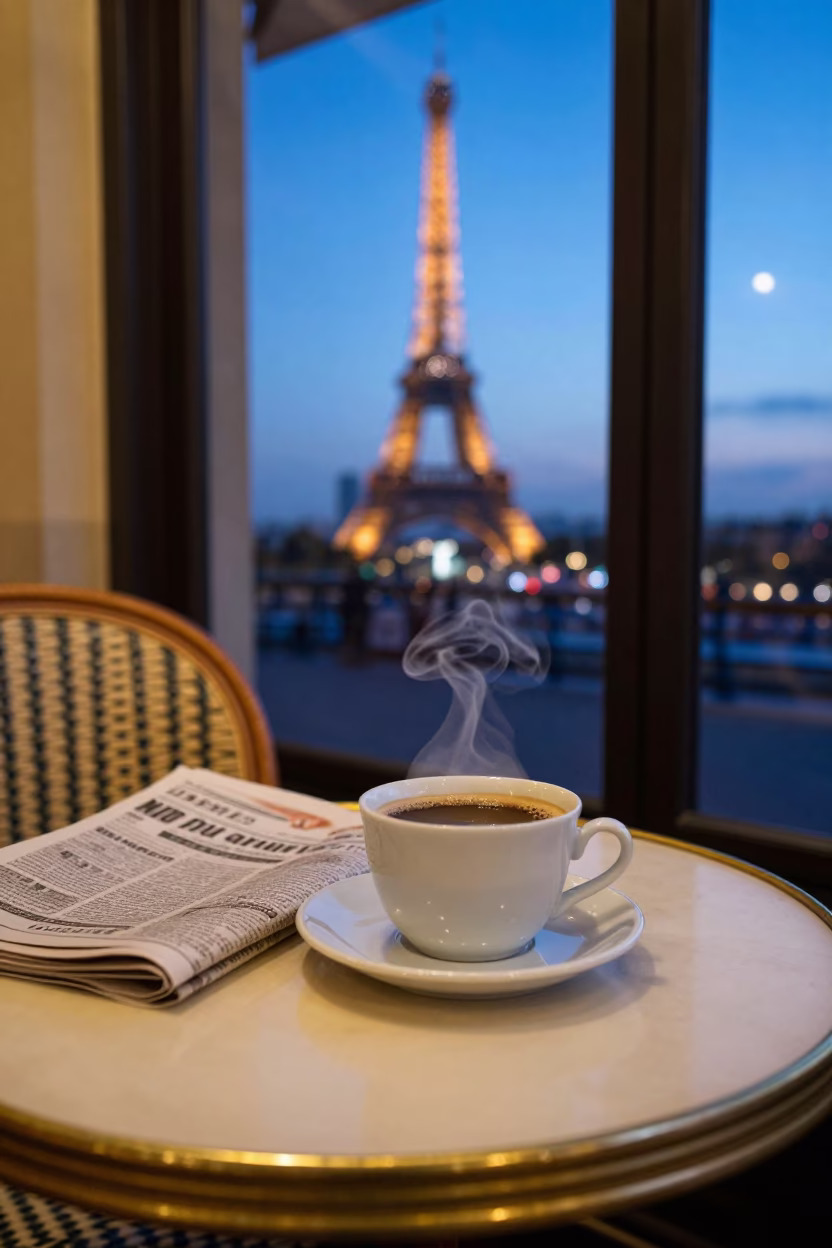 Parisian Cafe Before Dawn with Steaming Coffee and Morning Newspaper in in Paris, France