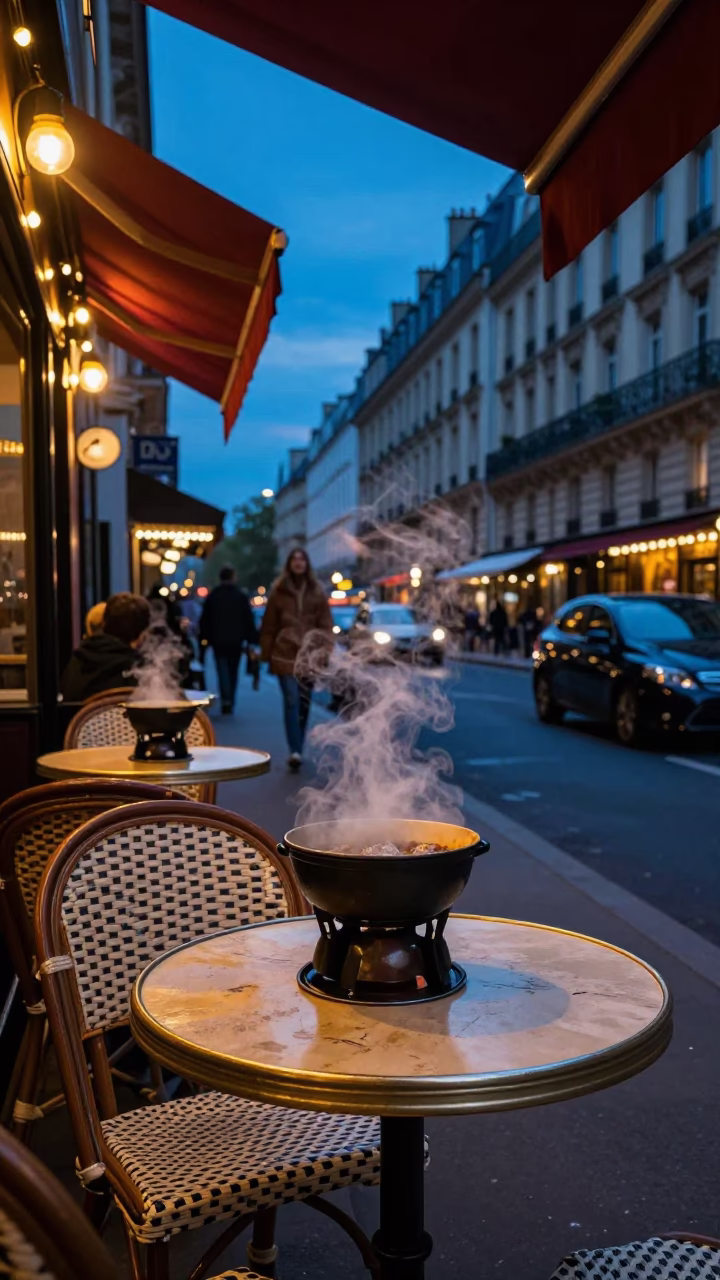 Parisian Cafe Bistro Table at Twilight with Steam and Kitchen Timer in in Paris, France