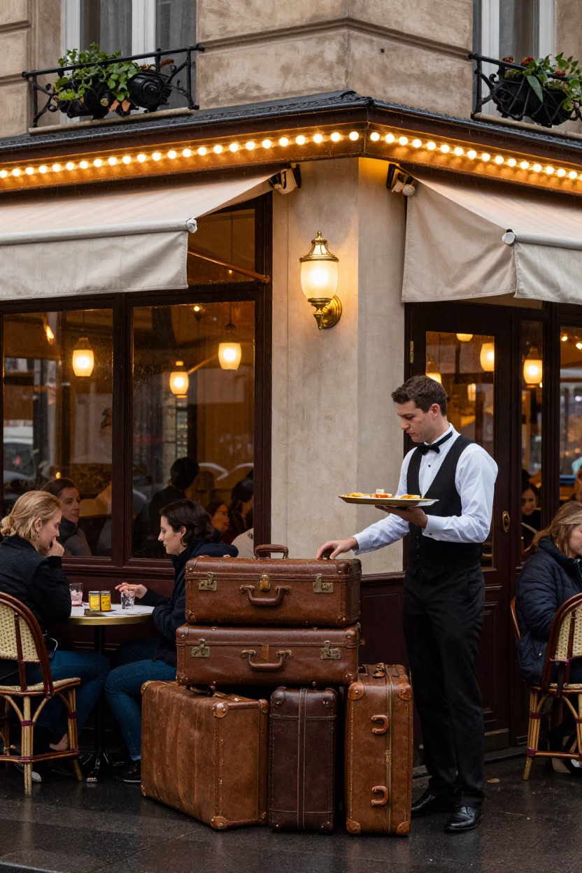 Parisian Cafe Dusk Light Rain Suitcases and Wall Sconce in in Paris, France