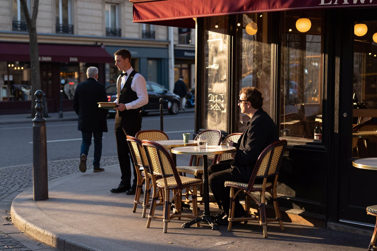 Parisian Cafe Evening Street Scene with Brushed Steel Hinge and Drying Towels in in Paris, France