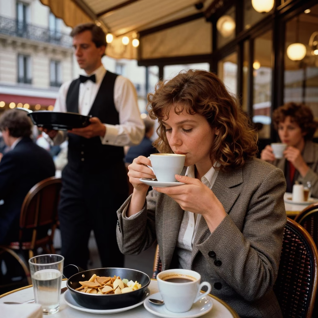 Parisian Cafe Evening with Coffee Cupper and Skillet at Bistrot Table in in Paris, France