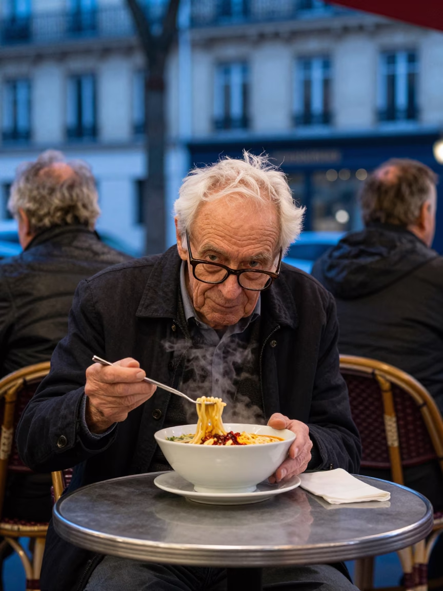 Parisian Cafe Evening with Retired Astronomer and Tantanmen Ramen Bowl in in Paris, France
